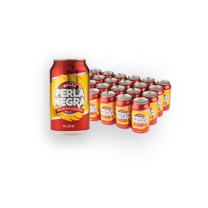 Lata de malta marca Perla Negra y un pack (Caja) de 24 maltas